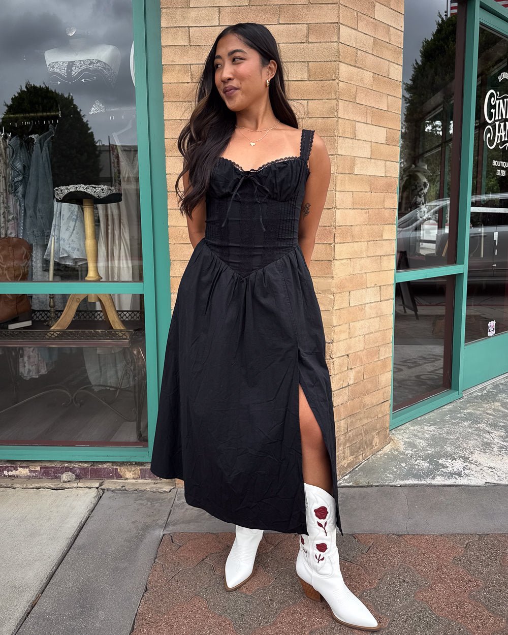 Second Verse Black Stretch Poplin Corset Side Slit Maxi Dress - Cindy Jane Boutique - Maxi Dresses