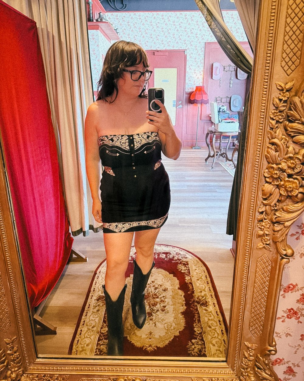 Shiloh Black Faux Suede Western Embroidered Bodycon Strapless Mini Dress