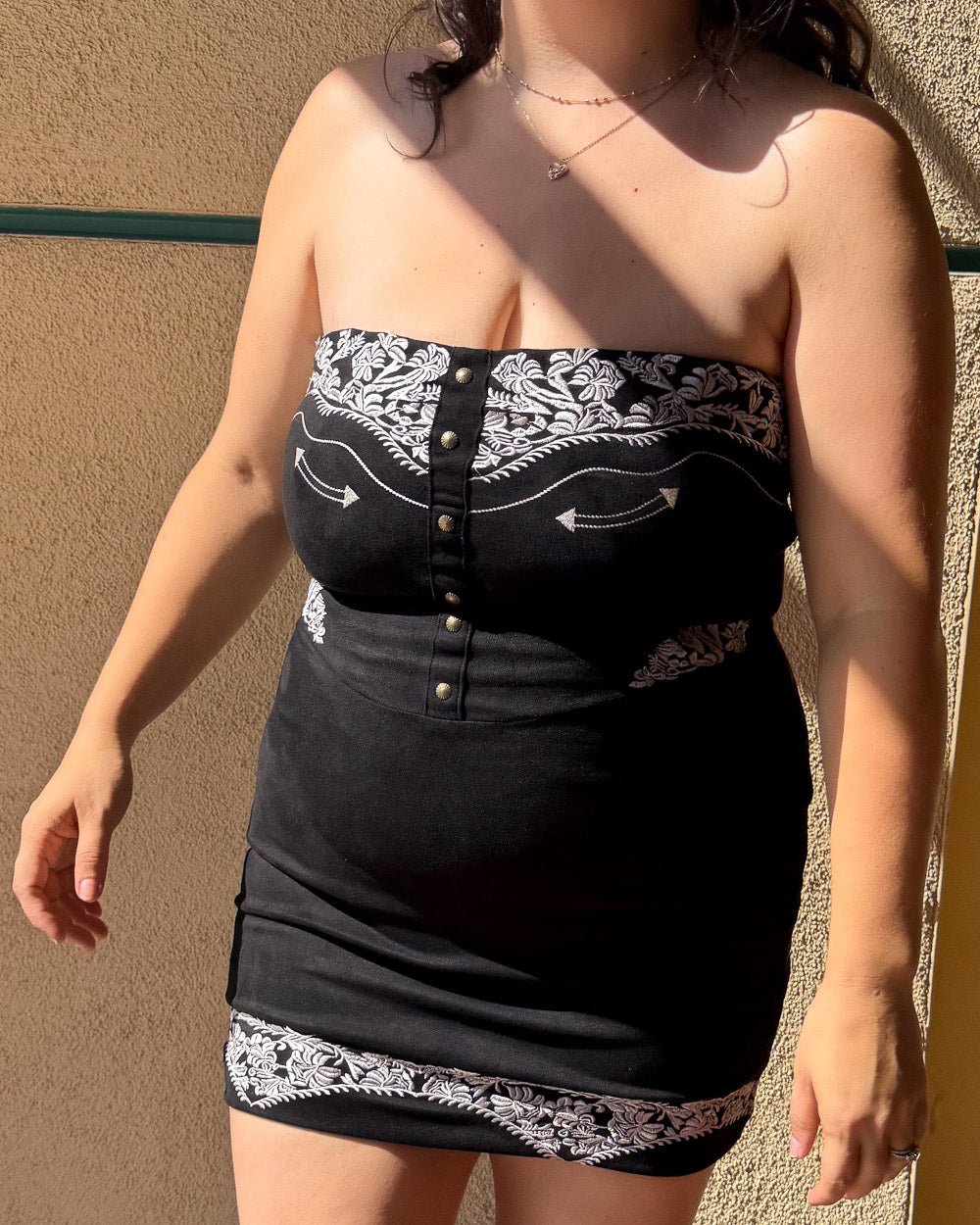 Shiloh Black Faux Suede Western Embroidered Bodycon Strapless Mini Dress