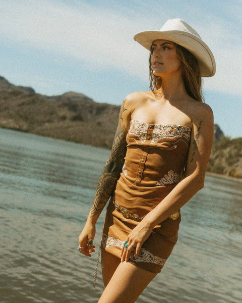 Shiloh Brown Faux Suede Western Embroidered Bodycon Strapless Mini Dress L / Brown Shiloh Brown Faux Suede Western Embroidered Bodycon Strapless Mini Dress L / Brown