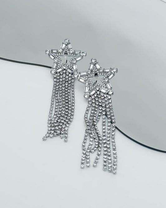 Silver Rhinestone Star Fringe Earrings - Cindy Jane Boutique - Earrings