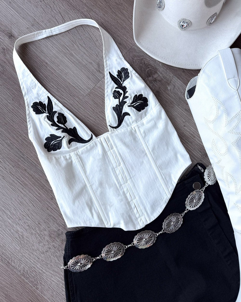 Sirena White Western Floral Embroidered Halter Top - Cindy Jane Boutique - Tanks, Camis & Tube Tops