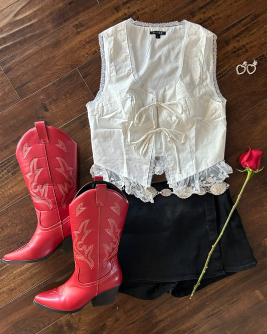 Sleeveless White Tie Front Top With Lace Trim - Cindy Jane Boutique - Tanks, Camis & Tube Tops