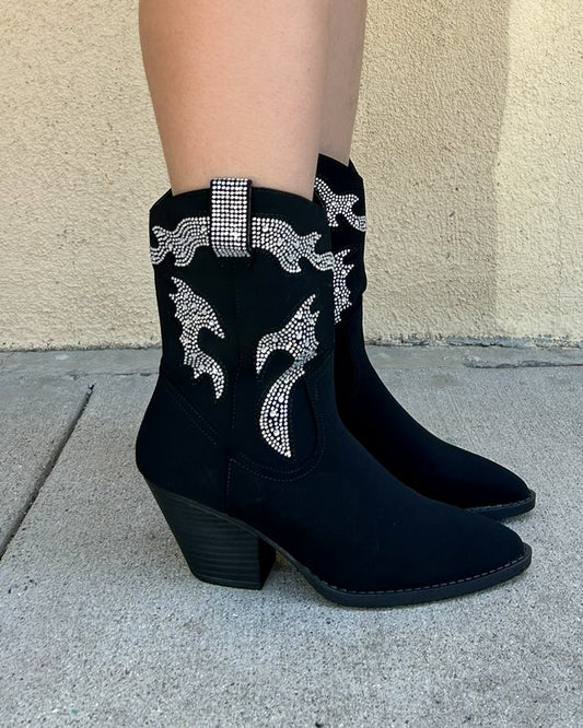 Starlight Black Rhinestone Western Cowboy Pointed Toe Ankle Boots - Cindy Jane Boutique - Boots