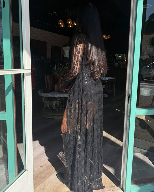 Stay A Spell Black Floral Lace Long Sleeve Tie Front Duster Top - Cindy Jane Boutique - Long Sleeve Tops