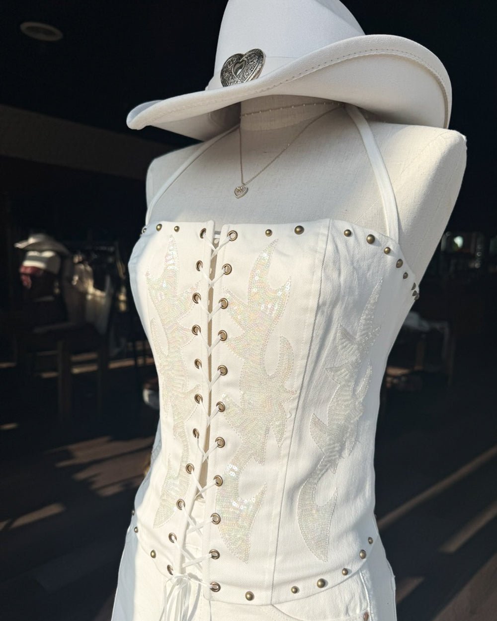 Sure Thing White Lace Up Western Sequin Corset Top - Cindy Jane Boutique - Tanks, Camis & Tube Tops