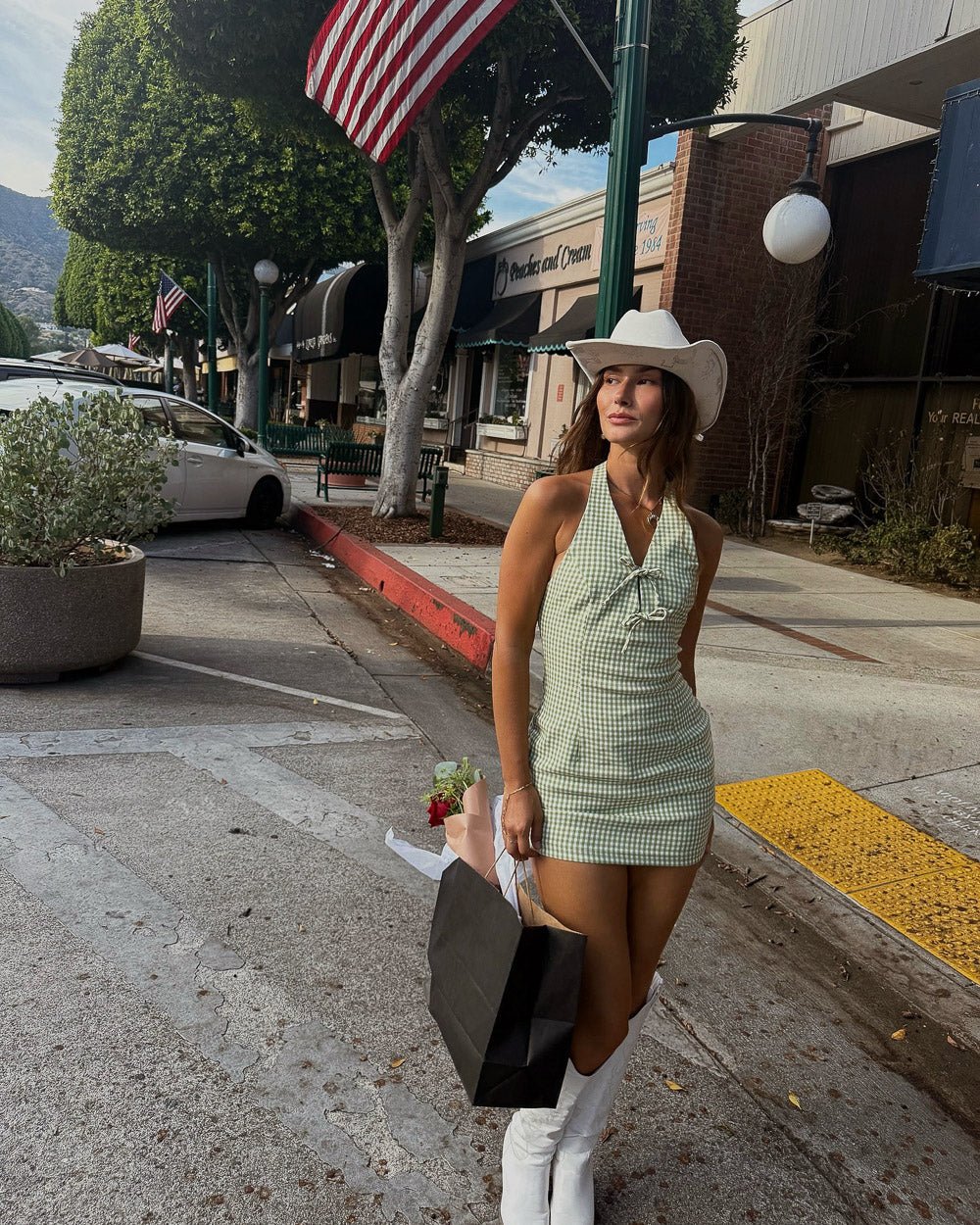Sweet Pea Sage Green Gingham Tie Front Halter Mini Dress - Cindy Jane Boutique - Short Dresses