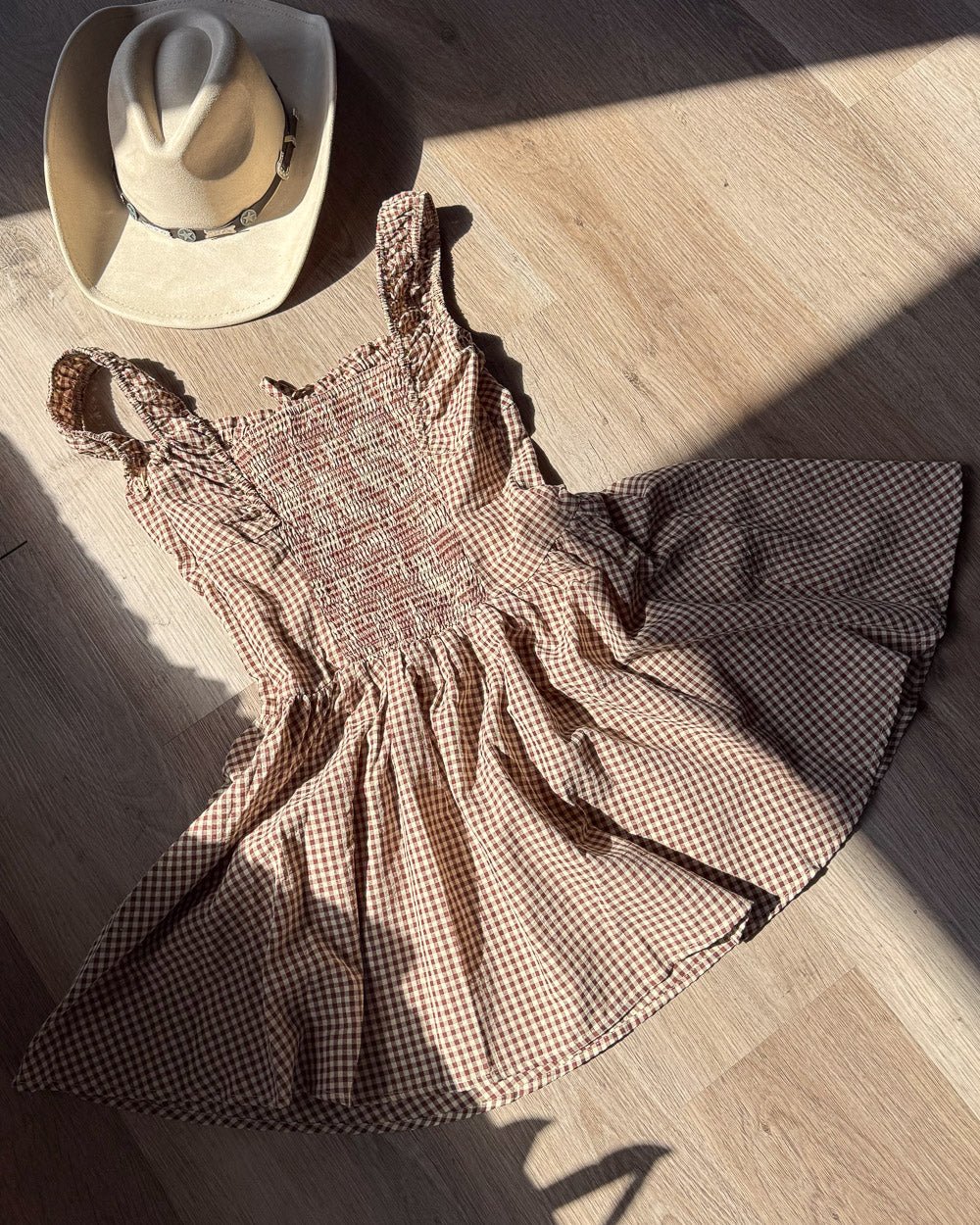 Sweetgrass Brown Gingham Square Neck Ruffle Mini Dress - Cindy Jane Boutique - Short Dresses
