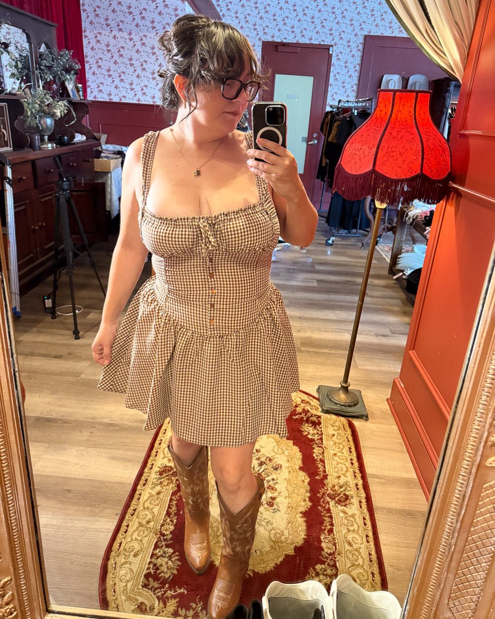 Sweetgrass Brown Gingham Square Neck Ruffle Mini Dress - Cindy Jane Boutique - Short Dresses