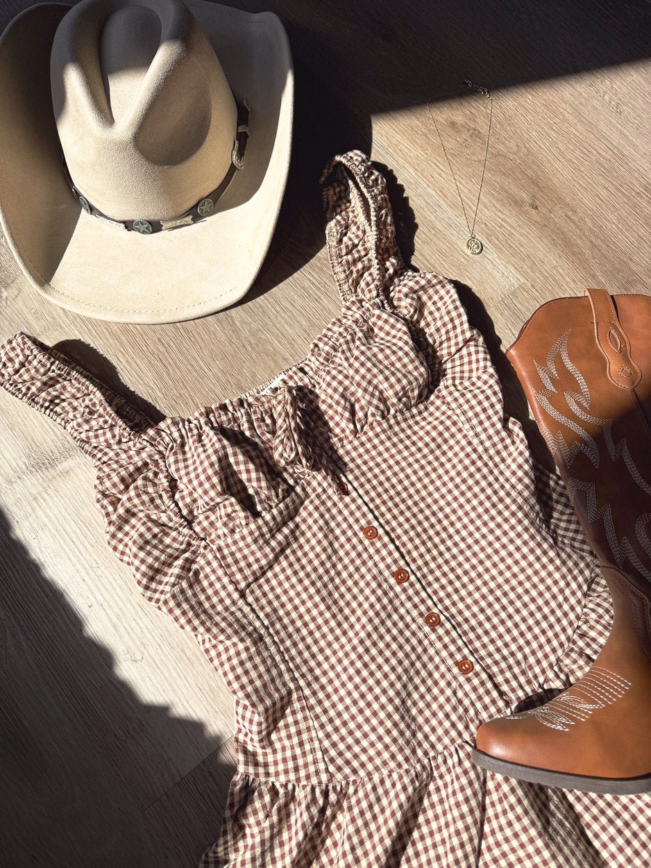 Sweetgrass Brown Gingham Square Neck Ruffle Mini Dress - Cindy Jane Boutique - Short Dresses