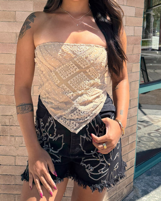 Tan Crochet Lace Smocked Bandana Top - Cindy Jane Boutique - Tanks, Camis & Tube Tops