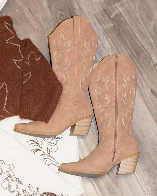 Taupe Faux Suede Western Embroidered Cowboy Boots - Cindy Jane Boutique - Boots