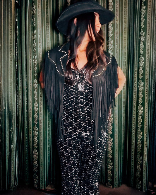 Vegas Nights Black And Silver Velvet And Sequin Strapless Bustier Flare Jumpsuit - Cindy Jane Boutique - Jumpsuits