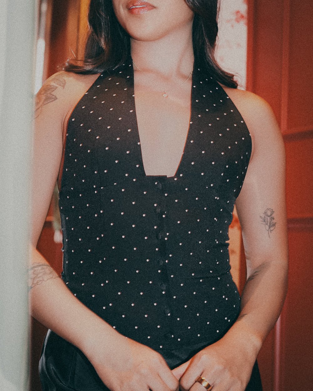 Velma Black And White Polka Dot Plunging Sleeveless Halter Top - Cindy Jane Boutique - Tanks, Camis & Tube Tops