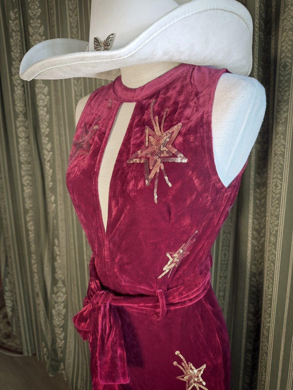 Velvet Revival Burgundy Star Embellished Plunging Halter Jumpsuit - Cindy Jane Boutique - Jumpsuits