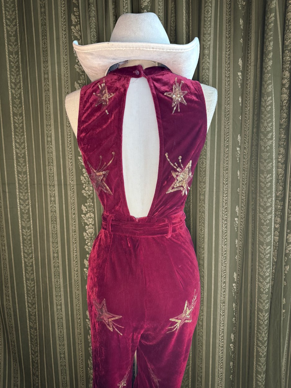 Velvet Revival Burgundy Star Embellished Plunging Halter Jumpsuit - Cindy Jane Boutique - Jumpsuits