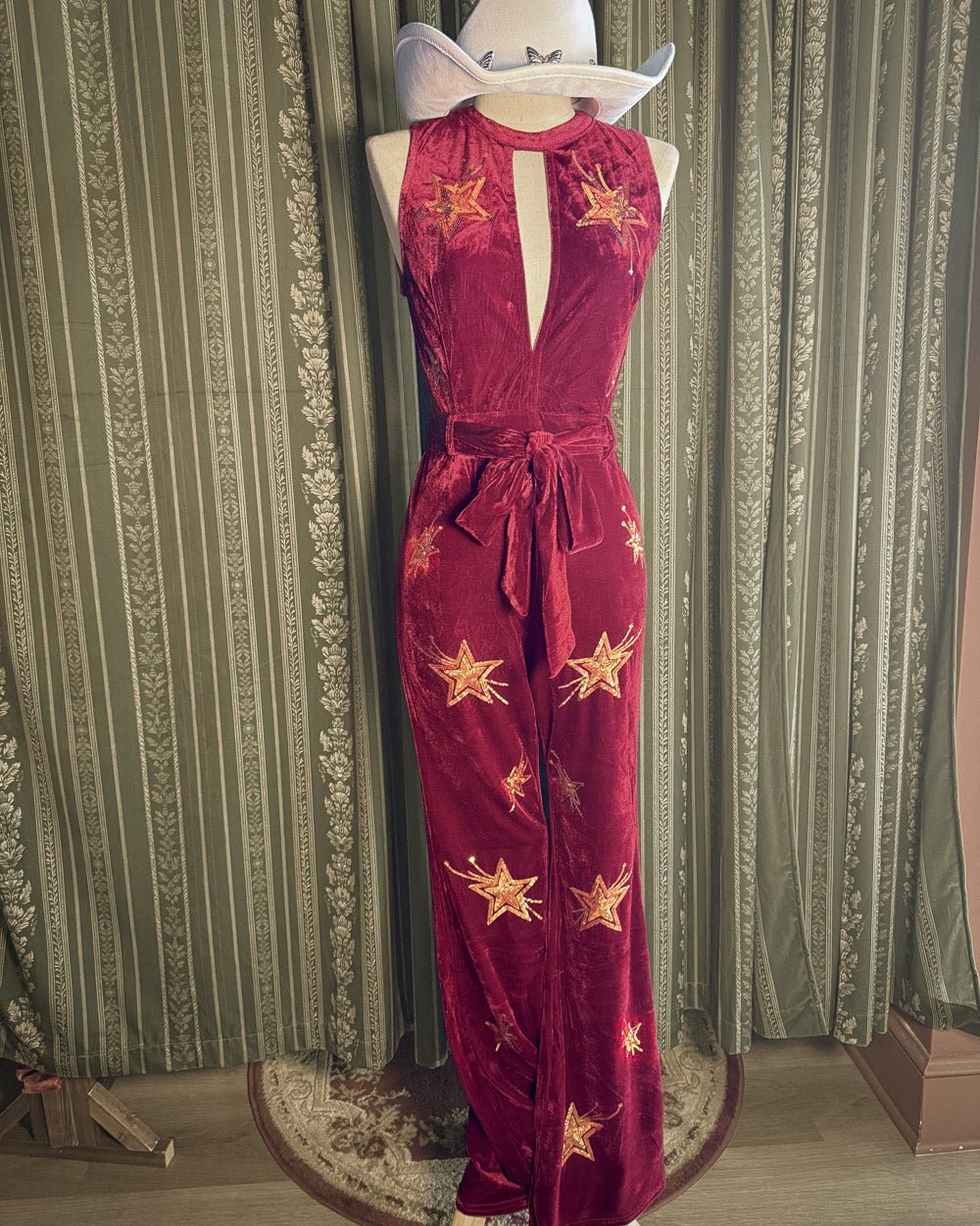 Velvet Revival Burgundy Star Embellished Plunging Halter Jumpsuit - Cindy Jane Boutique - Jumpsuits