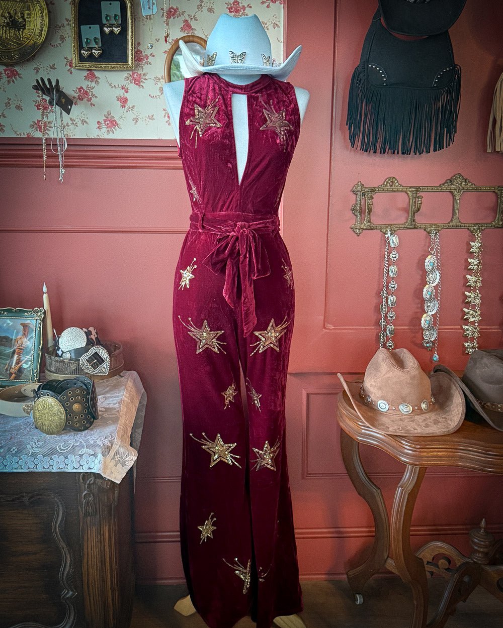 Velvet Revival Burgundy Star Embellished Plunging Halter Jumpsuit - Cindy Jane Boutique - Jumpsuits