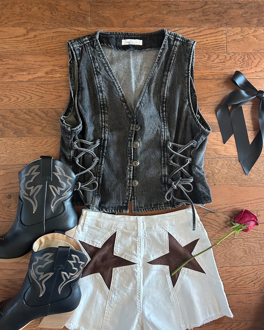 Vintage Black Denim Lace Up Side Tie Vest - Cindy Jane Boutique - Tanks, Camis & Tube Tops