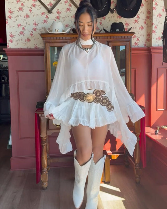 Wayward Heart White Sheer Chiffon Long Sleeve Ruffle Blouse - Cindy Jane Boutique - Blouses