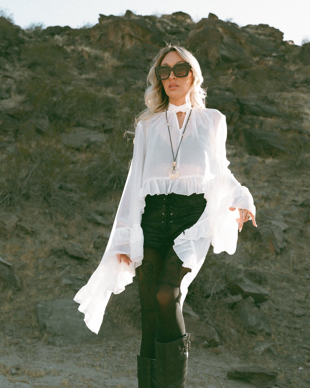 Wayward Heart White Sheer Chiffon Long Sleeve Ruffle Blouse - Cindy Jane Boutique - Blouses