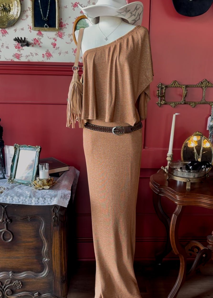 Westbound Tan Off Shoulder Shimmer Knit Maxi Skirt Set With Belt - Cindy Jane Boutique - Two Piece Sets