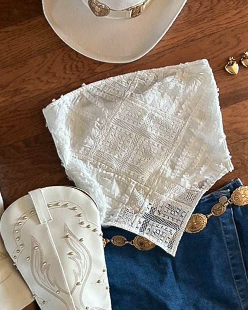 White Crochet Lace Smocked Bandana Top - Cindy Jane Boutique - Tanks, Camis & Tube Tops