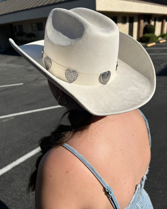 White Engraved Heart Charm Cowboy Hat - Cindy Jane Boutique - Hats