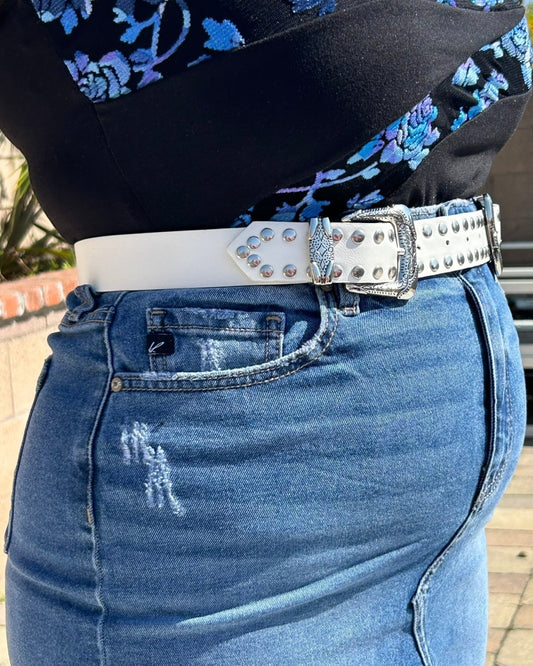 White Faux Leather Studded Double Buckle Western Belt - Cindy Jane Boutique - Belts