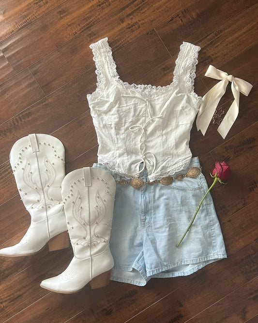 White Lace Trim Bustier Bow Tie Front Crop Top - Cindy Jane Boutique - Tanks, Camis & Tube Tops