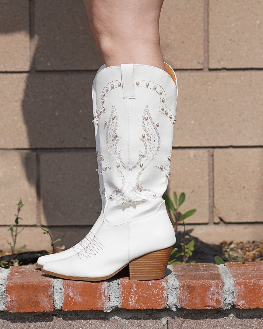 White Pearl Embellished PU Tall Cowboy Boots - Cindy Jane Boutique - Boots