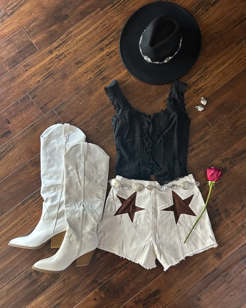 White Rodeo Star Detailed Distressed Denim Shorts - Cindy Jane Boutique - Shorts