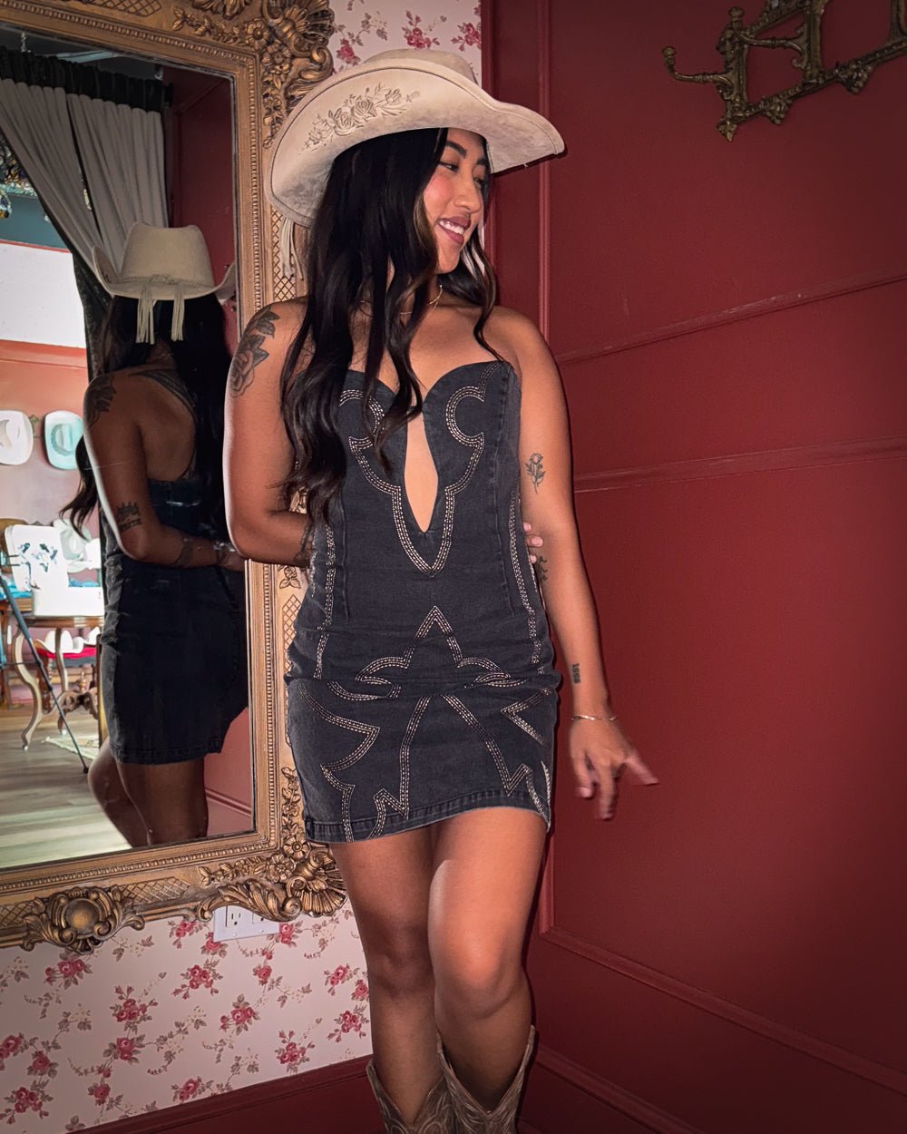 Wicked West Vintage Black Stretch Denim Western Bodycon Mini Dress S / Vintage Black