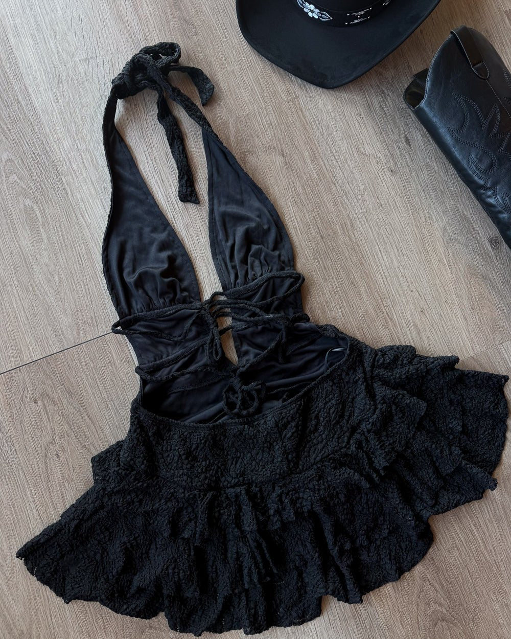 Wild Honey Black Plunging Textured Lace Tiered Ruffle Romper - Cindy Jane Boutique - Rompers