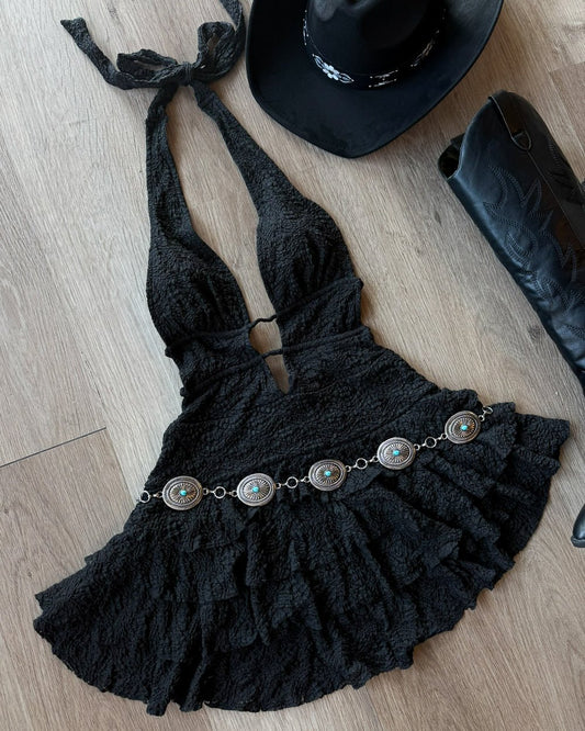 Wild Honey Black Plunging Textured Lace Tiered Ruffle Romper - Cindy Jane Boutique - Rompers