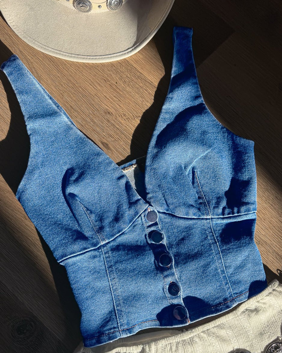 Winnie Medium Wash Blue Denim Sleeveless Corset Top - Cindy Jane Boutique - Tanks, Camis & Tube Tops