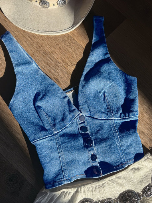 Winnie Medium Wash Blue Denim Sleeveless Corset Top - Cindy Jane Boutique - Tanks, Camis & Tube Tops