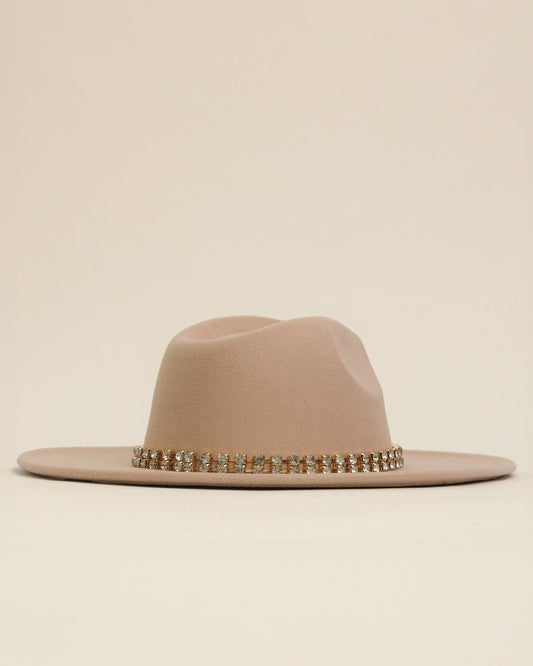 Beige Embellished Rhinestone Strap Fedora Hat - Cindy Jane Boutique - Hats