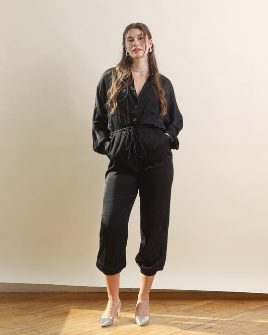 Black Button Down Long Sleeve Jumpsuit - Cindy Jane Boutique - Jumpsuits