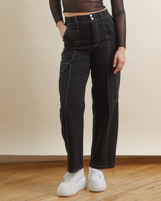 Black Contrast Stitch High Waisted Cargo Pants - Cindy Jane Boutique - Pants