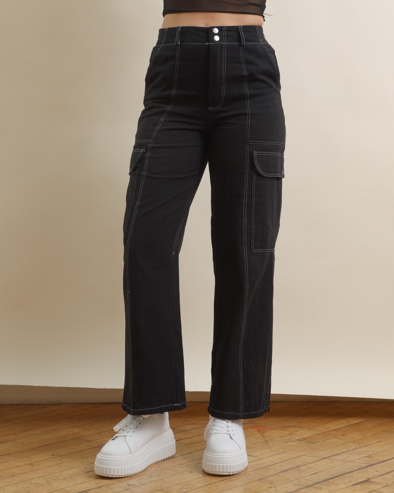 Black Contrast Stitch High Waisted Cargo Pants - Cindy Jane Boutique - Pants