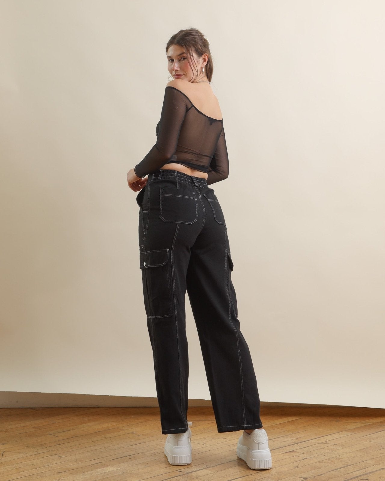 Black Contrast Stitch High Waisted Cargo Pants - Cindy Jane Boutique - Pants