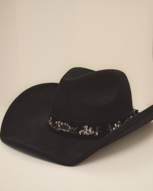 Black Floral Embroidered Strap Cowboy Hat - Cindy Jane Boutique - Hats