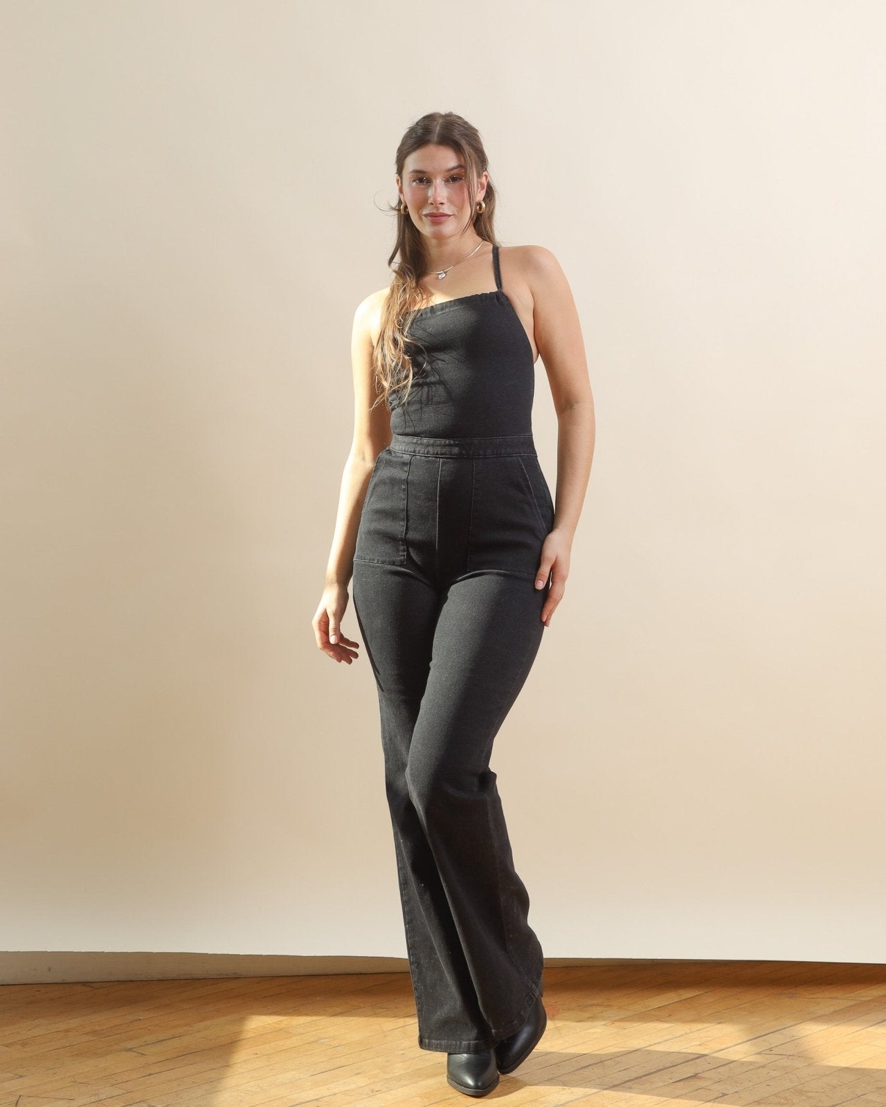 Black Lace Up Backless Flared Denim Jumpsuit - Cindy Jane Boutique - Jumpsuits