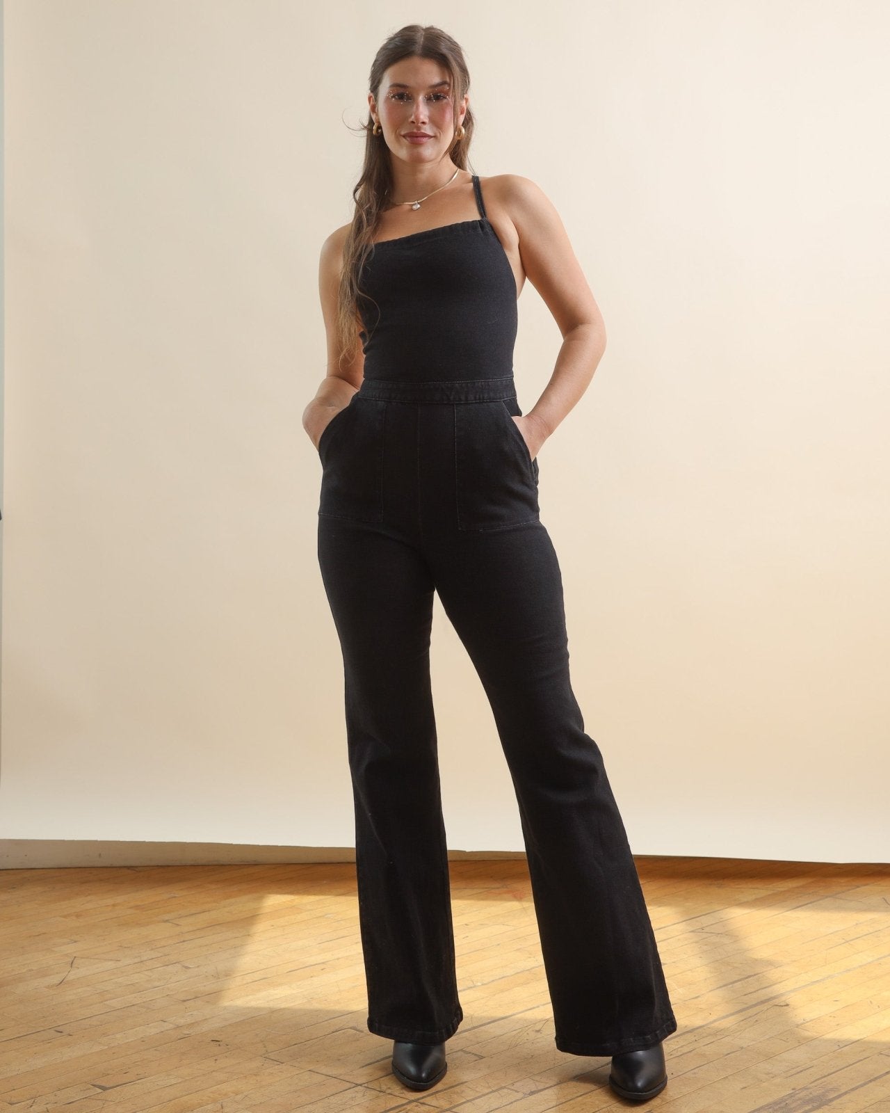 Black Lace Up Backless Flared Denim Jumpsuit - Cindy Jane Boutique - Jumpsuits