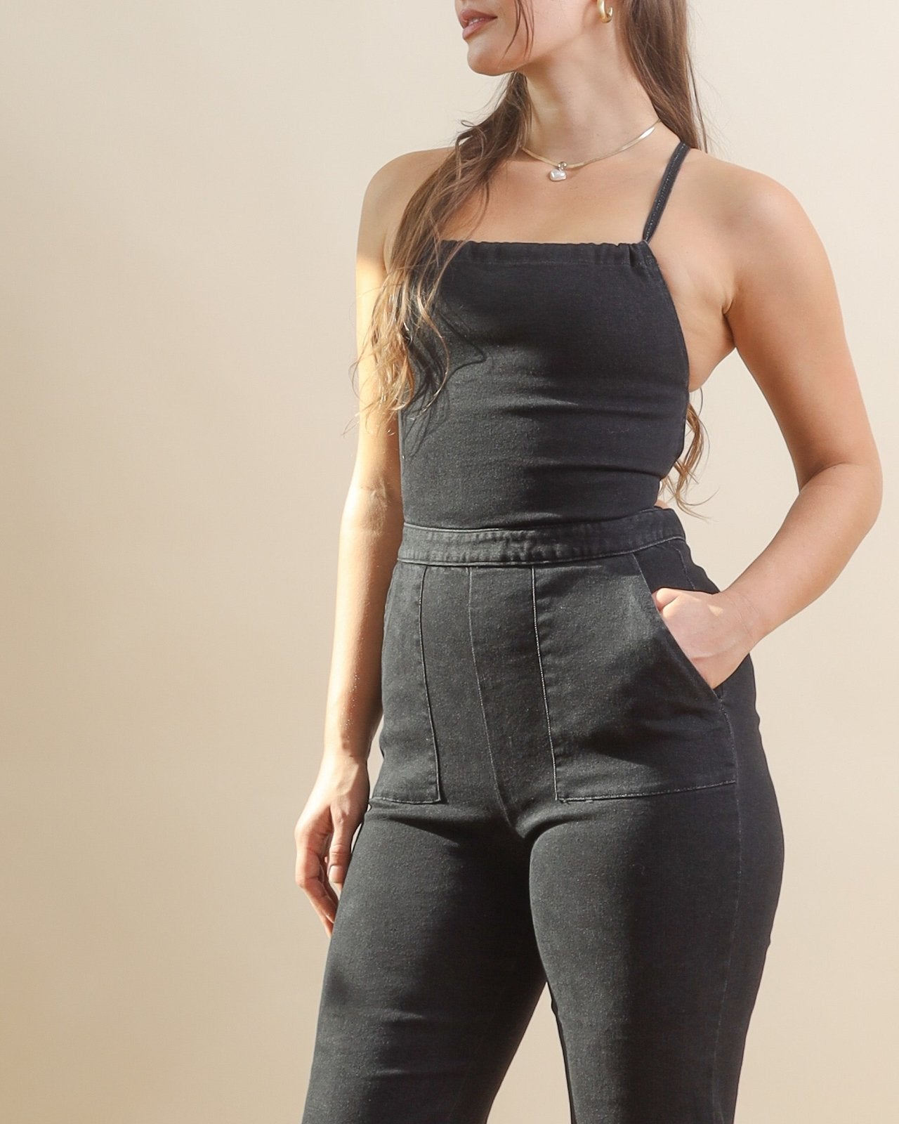 Black Lace Up Backless Flared Denim Jumpsuit - Cindy Jane Boutique - Jumpsuits