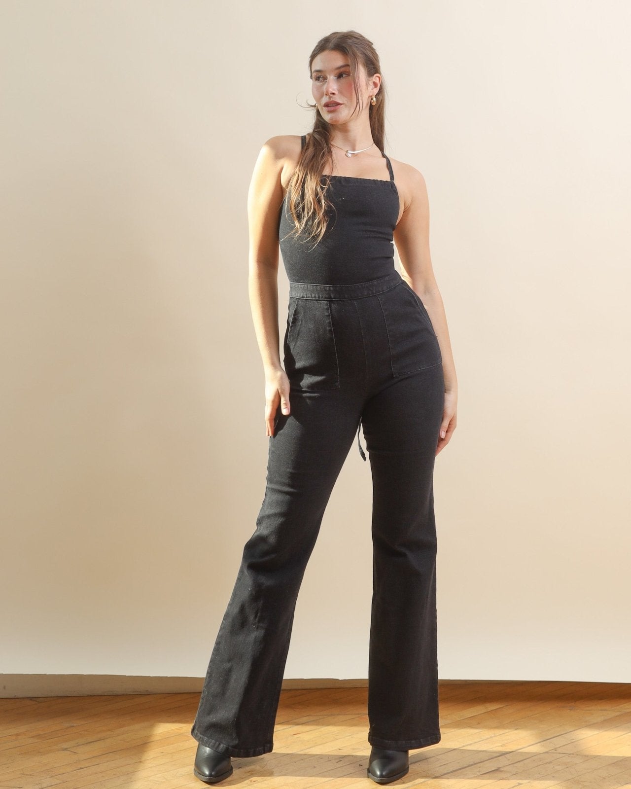 Black Lace Up Backless Flared Denim Jumpsuit - Cindy Jane Boutique - Jumpsuits