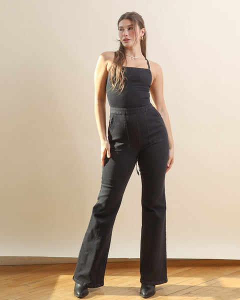 Black Lace Up Backless Flared Denim Jumpsuit - Cindy Jane Boutique