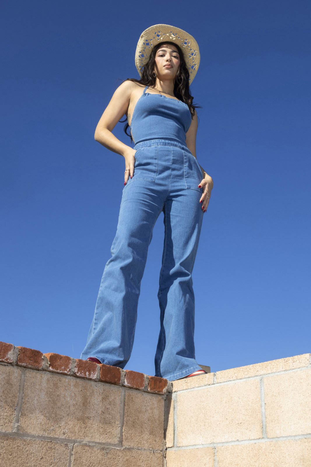 Flared denim jumpsuit online