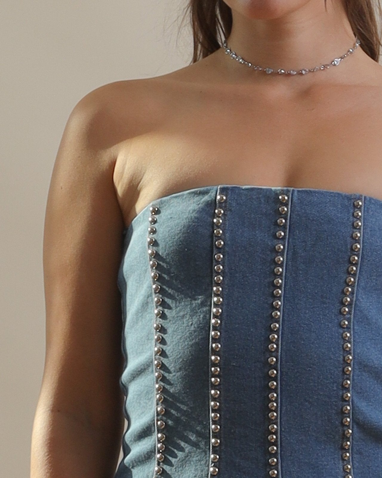Blue Strapless Studded Denim Mini Dress Blue Strapless Studded Denim Mini Dress